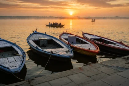 Boats at sunrise on the Ganges at Varanasi ghats
