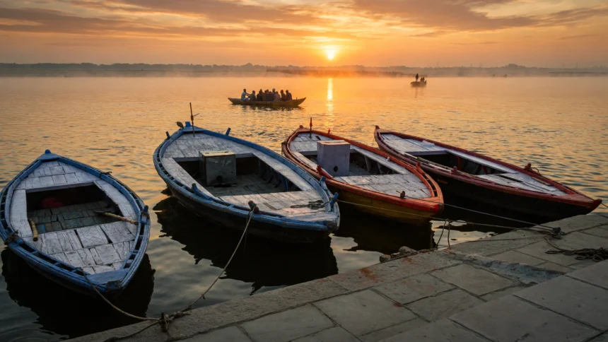 Boats at sunrise on the Ganges at Varanasi ghats
