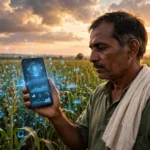 An Indian farmer in a sorghum field uses a smartphone with AI crop advisory tools. (Illustrative image: Informeia)