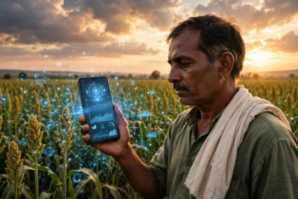An Indian farmer in a sorghum field uses a smartphone with AI crop advisory tools. (Illustrative image: Informeia)