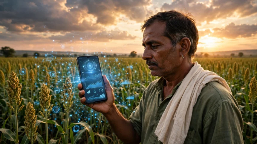 An Indian farmer in a sorghum field uses a smartphone with AI crop advisory tools. (Illustrative image: Informeia)
