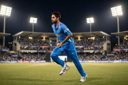 Bhuvneshwar Kumar, recalled to India's T20I squad for the series decider against West Indies in Bengaluru. Photo: Dee03 / Wikimedia Commons (background composite)