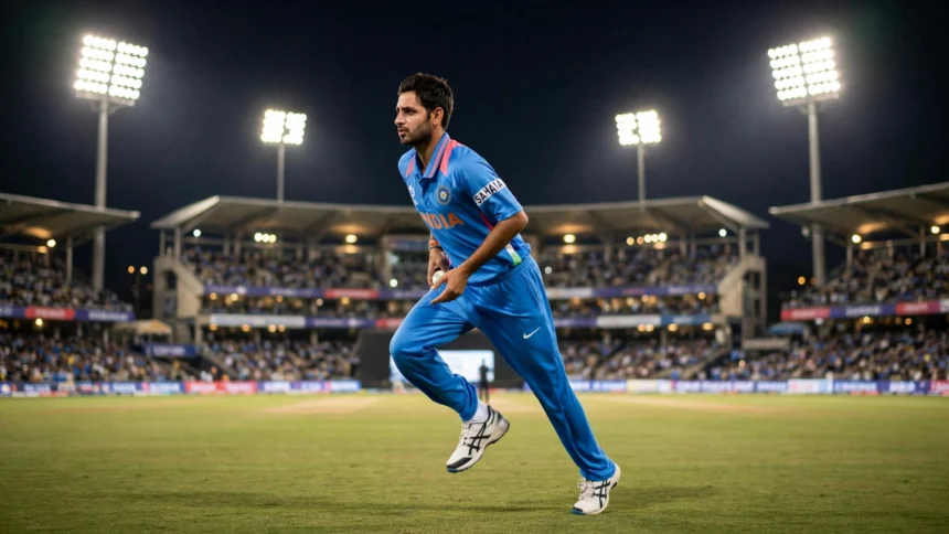 Bhuvneshwar Kumar, recalled to India's T20I squad for the series decider against West Indies in Bengaluru. Photo: Dee03 / Wikimedia Commons (background composite)