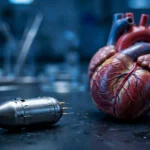 Leadless pacemaker capsule beside a heart model