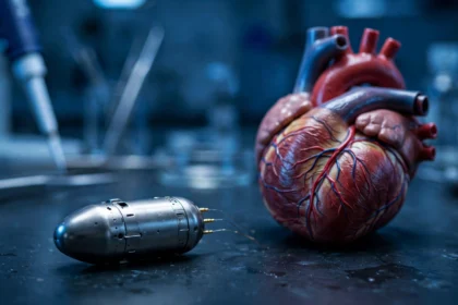 Leadless pacemaker capsule beside a heart model