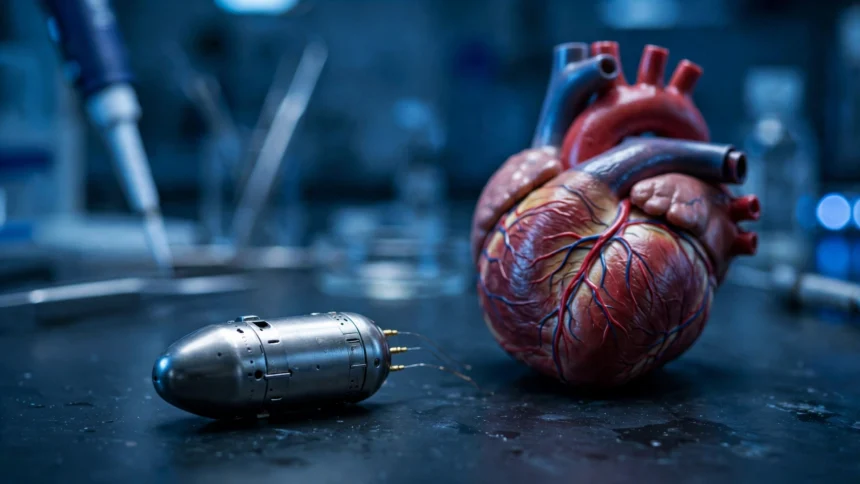 Leadless pacemaker capsule beside a heart model