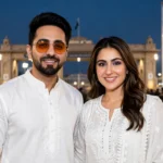 Ayushmann Khurrana and Sara Ali Khan at the Wagah border promoting Udta Teer (photos: Bollywood Hungama / Wikimedia Commons, CC BY 3.0; background composite)