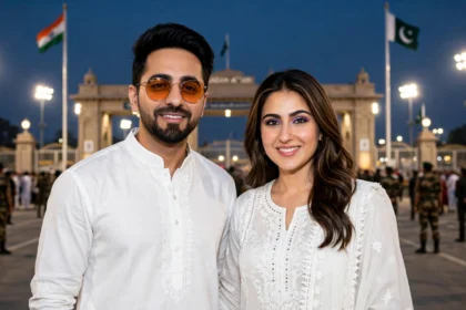 Ayushmann Khurrana and Sara Ali Khan at the Wagah border promoting Udta Teer (photos: Bollywood Hungama / Wikimedia Commons, CC BY 3.0; background composite)