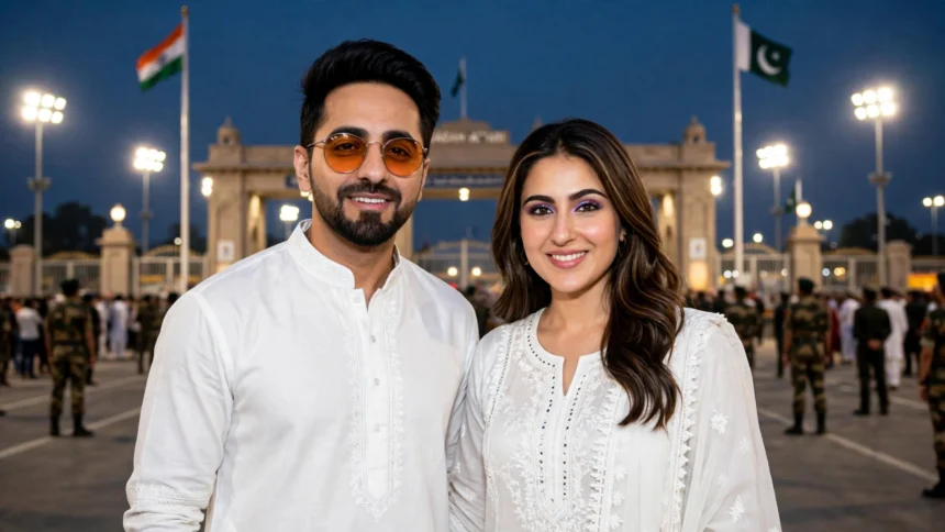 Ayushmann Khurrana and Sara Ali Khan at the Wagah border promoting Udta Teer (photos: Bollywood Hungama / Wikimedia Commons, CC BY 3.0; background composite)