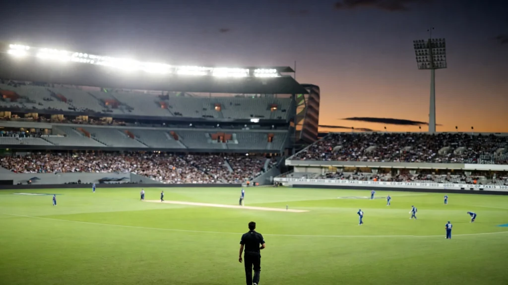 Eden Park stadium under floodlights at dusk with a packed crowd.