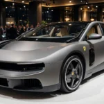 The Ferrari Luce, Ferrari's first electric car, on show in New Delhi. Photo: Banhada / Wikimedia Commons (CC BY 4.0), background composite.