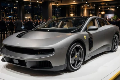 The Ferrari Luce, Ferrari's first electric car, on show in New Delhi. Photo: Banhada / Wikimedia Commons (CC BY 4.0), background composite.