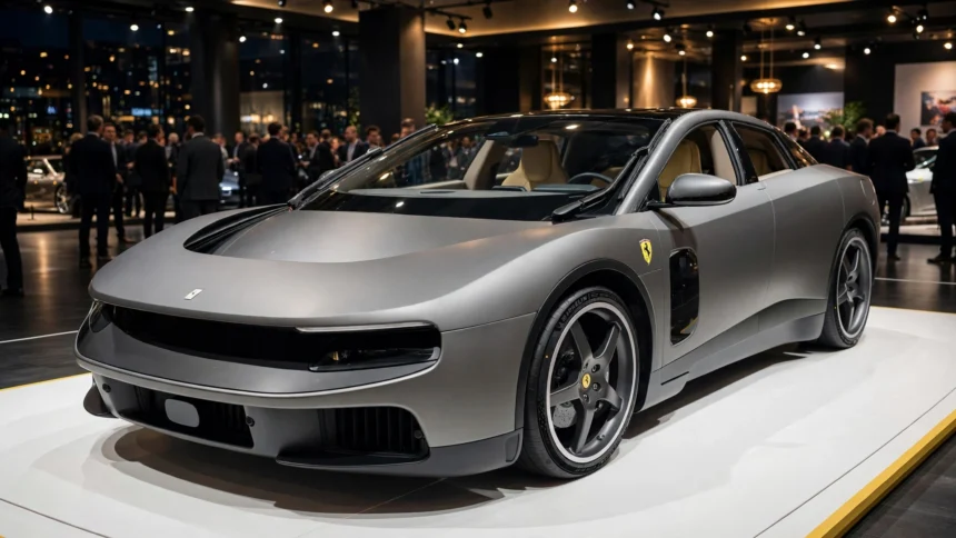 The Ferrari Luce, Ferrari's first electric car, on show in New Delhi. Photo: Banhada / Wikimedia Commons (CC BY 4.0), background composite.