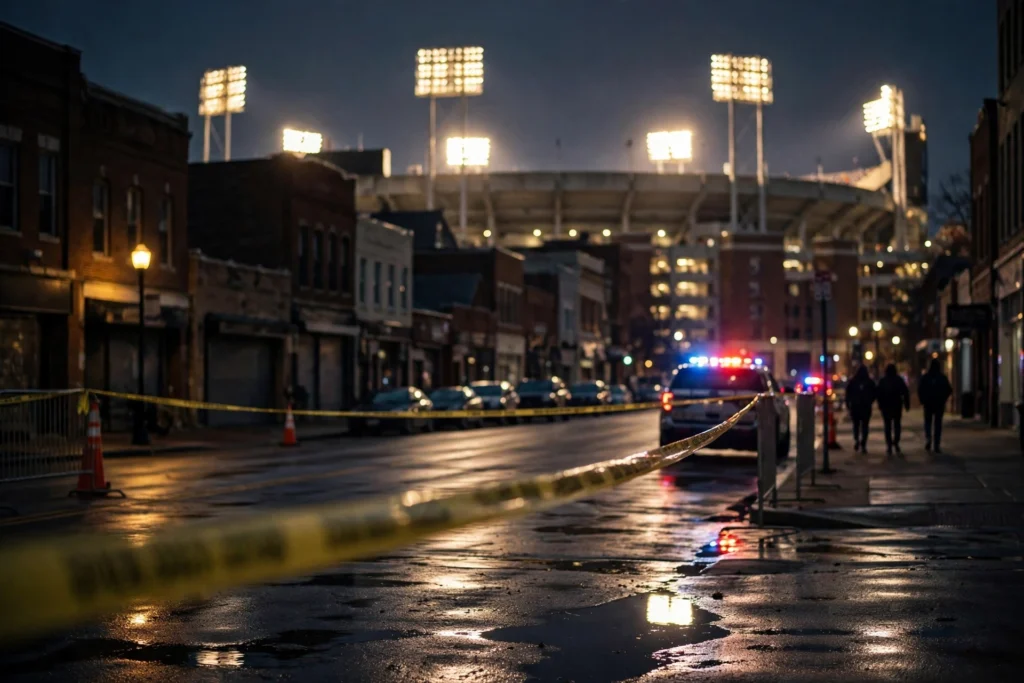 A floodlit American football stadium at night, with emergency lights in the distance.