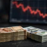 Stacks of Indian rupee and US dollar notes with a falling forex chart, representing India's declining foreign exchange reserves.