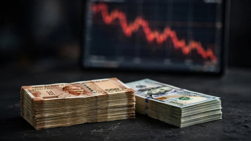 Stacks of Indian rupee and US dollar notes with a falling forex chart, representing India's declining foreign exchange reserves.