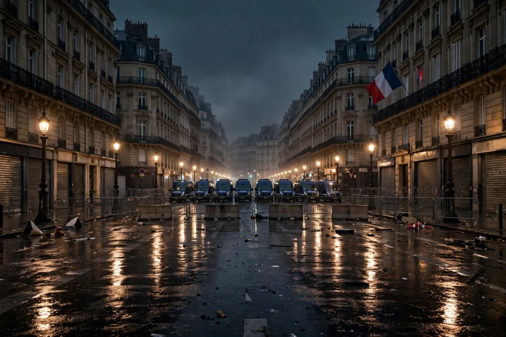 Police vans and barricades on an empty Paris boulevard during the overnight curfew.