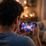 A gamer playing a mobile game at home with festive lights in the background