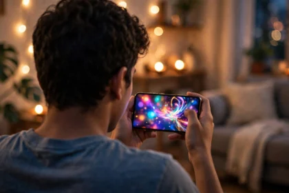 A gamer playing a mobile game at home with festive lights in the background