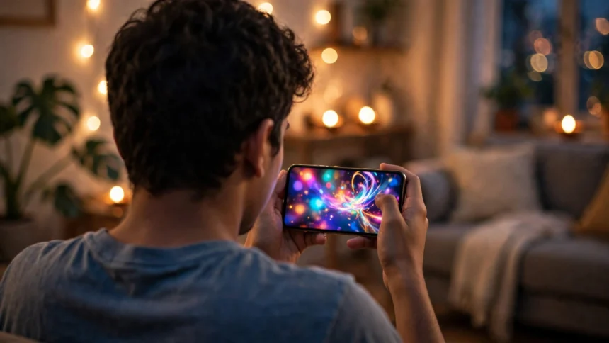A gamer playing a mobile game at home with festive lights in the background