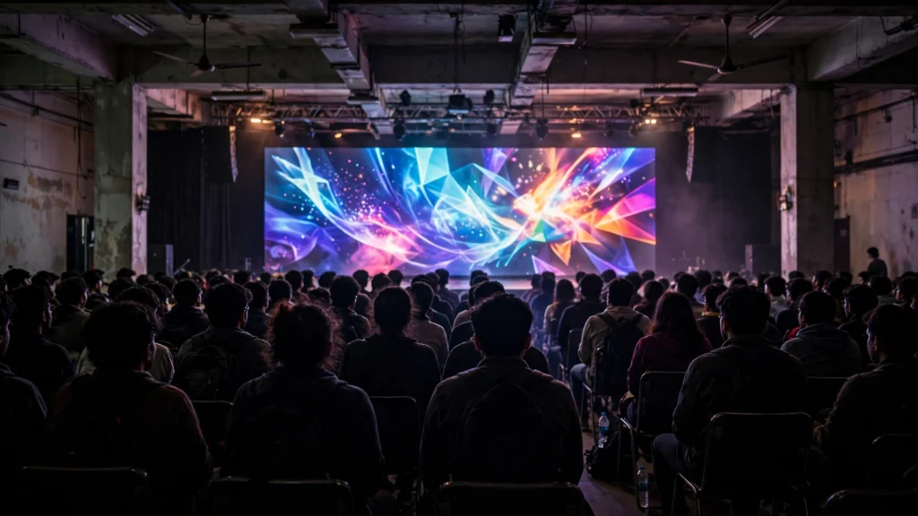 Audience watching a large screen at a gaming event