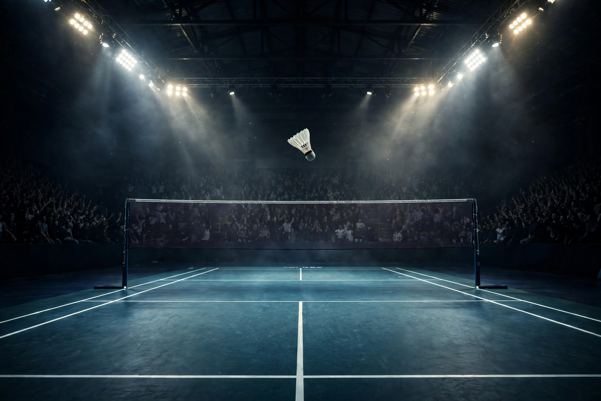 A tense badminton arena at night with a shuttlecock frozen mid-air above the net