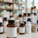 Health supplement bottles arranged on a pharmacy counter