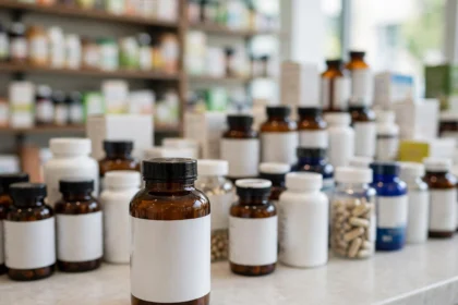 Health supplement bottles arranged on a pharmacy counter
