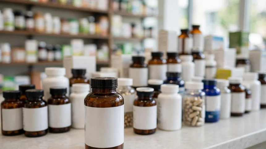 Health supplement bottles arranged on a pharmacy counter