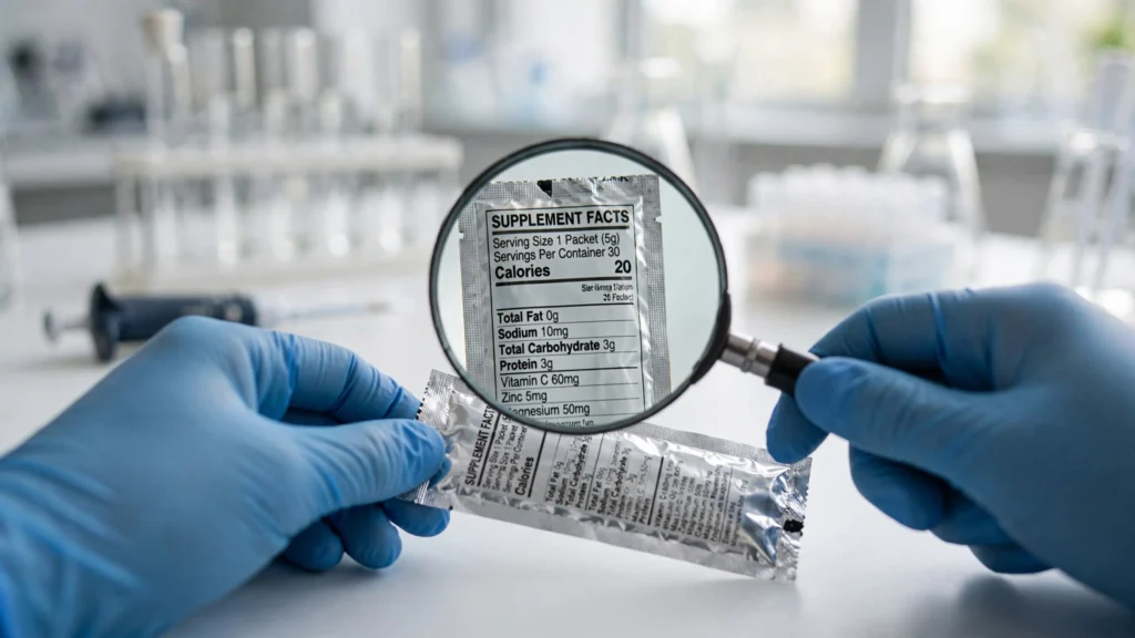 Magnifying glass over a supplement label in a laboratory setting
