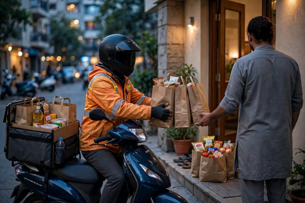 Representational image: quick commerce delivery rider delivering grocery packets in India