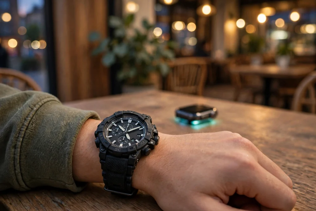 Young man's wrist wearing a rugged analogue sport watch, with a forgotten smartwatch on a cafe table in the background. (AI illustration)