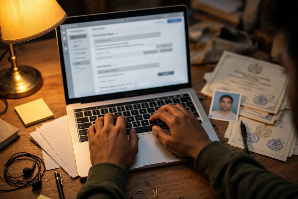 Student filling the GATE 2027 online application form on a laptop with documents on the desk