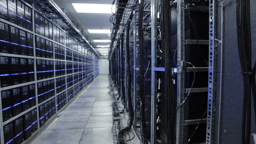 Data centre server room with rows of server racks, illustrative image for Google Gemini 4 Carbon.