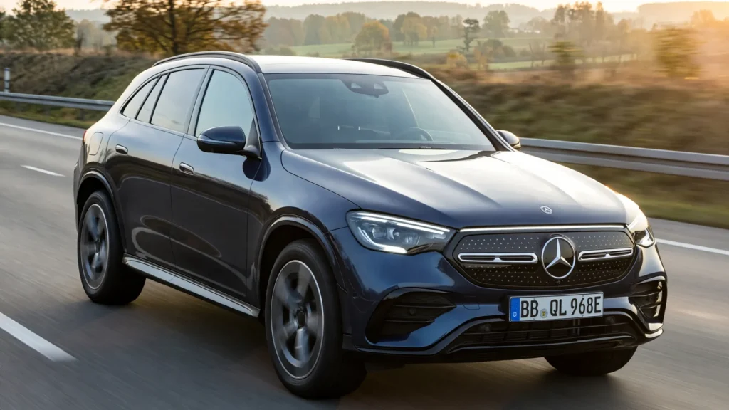Mercedes-Benz GLC Electric charging at a fast charger, with its sleek electric SUV design on show.