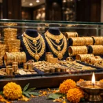 Gold jewellery in a Delhi store display during Dussehra festive season