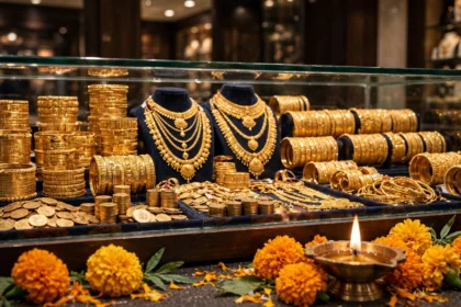 Gold jewellery in a Delhi store display during Dussehra festive season