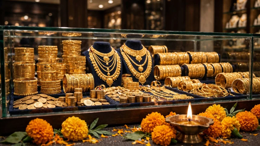 Gold jewellery in a Delhi store display during Dussehra festive season