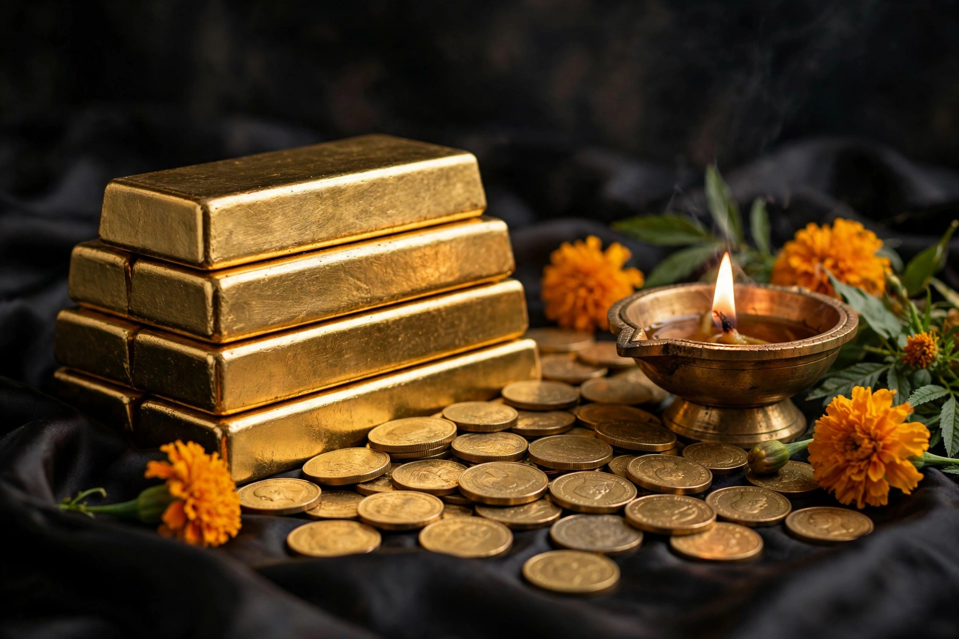 Gold bars and coins with a lit diya lamp