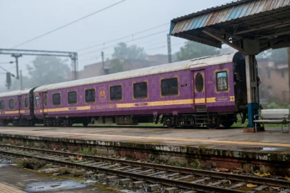 The Golden Chariot luxury train at a platform in Bengaluru.