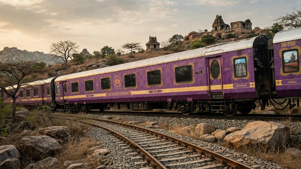 The Golden Chariot passing rocky countryside with temple ruins in South India.
