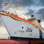 Goa Shipyard launch of the pollution control vessel Samudra Pratap (204). Photo: Indian Coast Guard / Wikimedia Commons (background composite)