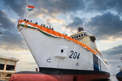 Goa Shipyard launch of the pollution control vessel Samudra Pratap (204). Photo: Indian Coast Guard / Wikimedia Commons (background composite)