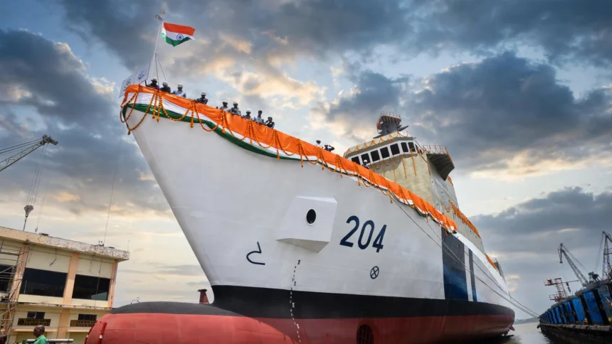 Goa Shipyard launch of the pollution control vessel Samudra Pratap (204). Photo: Indian Coast Guard / Wikimedia Commons (background composite)
