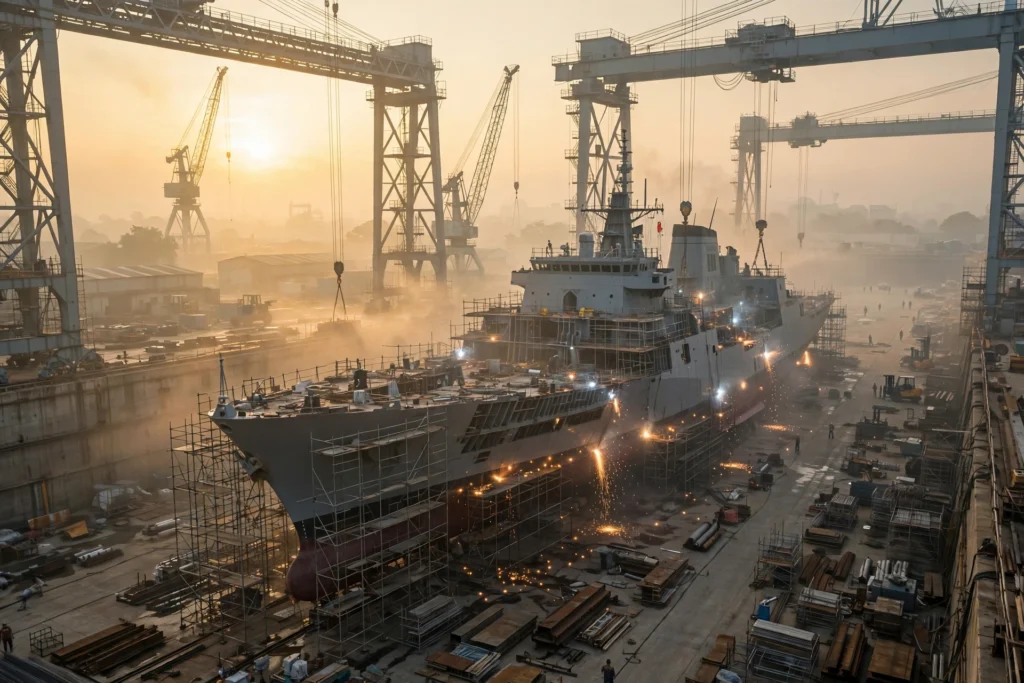 A warship under construction in a dry dock at an Indian naval shipyard
