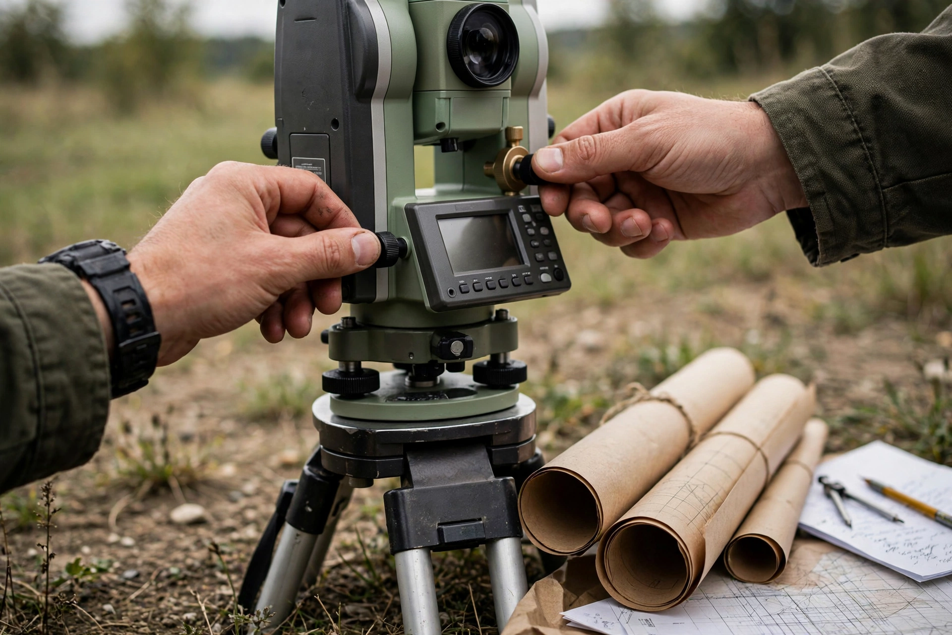 Surveyor's hands adjusting a total station instrument with survey maps