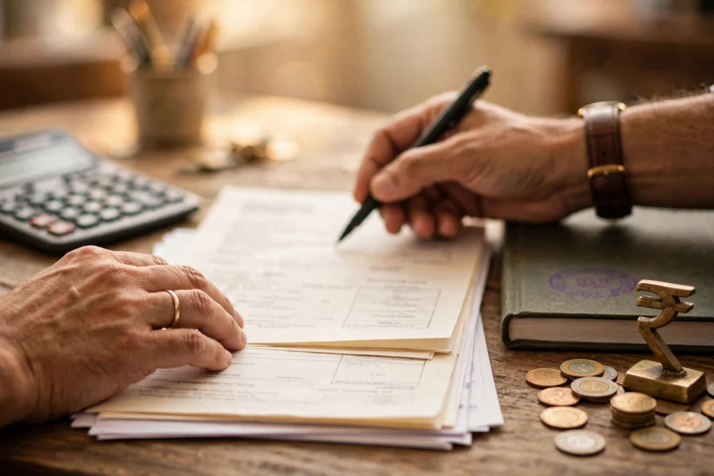 Invoices and tax documents on a desk