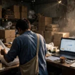 A small e-commerce seller packing parcels in a warehouse, laptop showing a tax dashboard (AI-generated illustration)