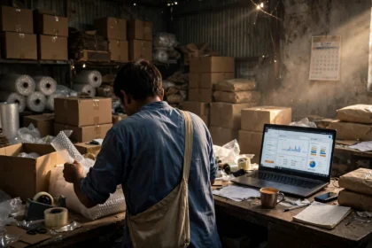 A small e-commerce seller packing parcels in a warehouse, laptop showing a tax dashboard (AI-generated illustration)