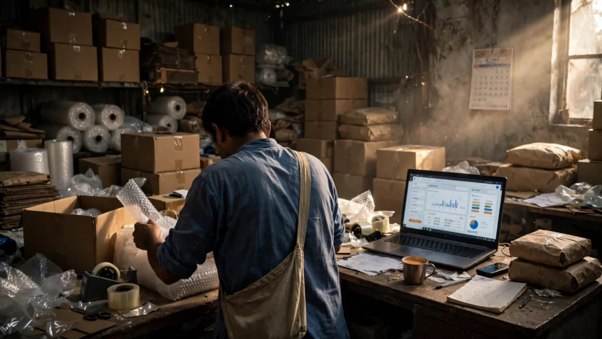 A small e-commerce seller packing parcels in a warehouse, laptop showing a tax dashboard (AI-generated illustration)